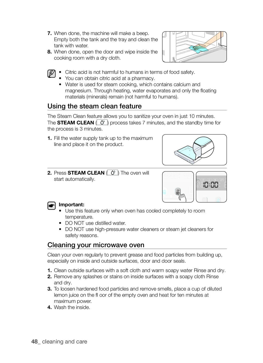 Samsung SAMI7/HAC manual Using the steam clean feature, Cleaning your microwave oven 