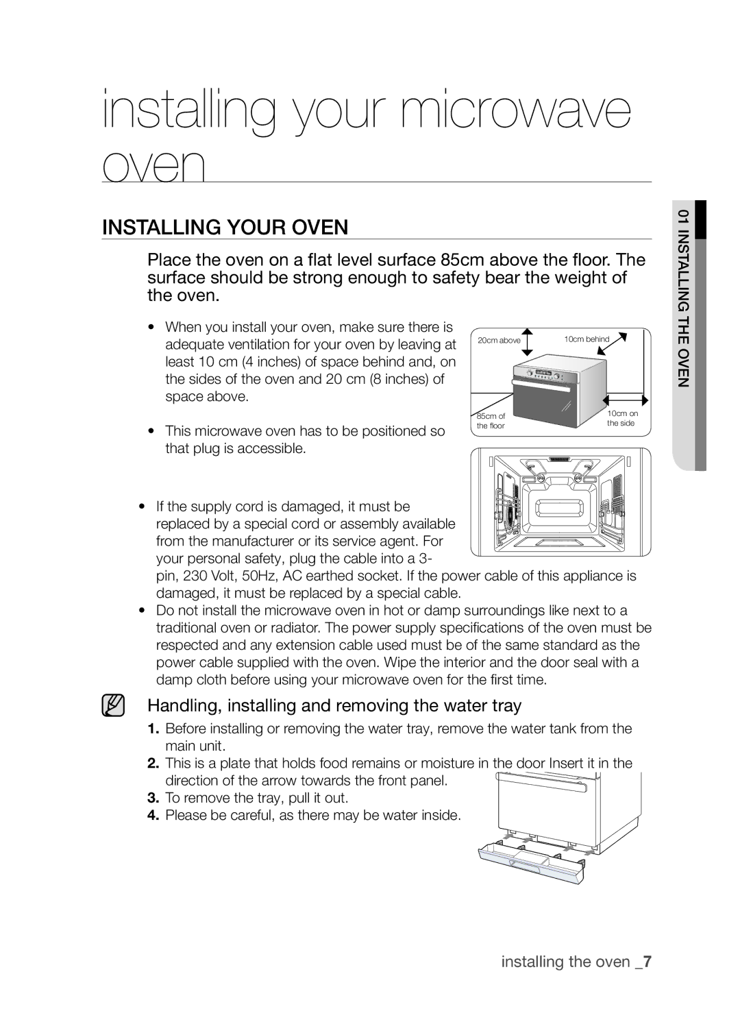 Samsung SAMI7/HAC Installing your microwave oven, Installing your oven, Handling, installing and removing the water tray 