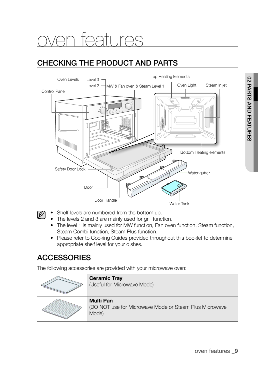 Samsung SAMI7/HAC manual Oven features, Checking the product and parts, Accessories, Ceramic Tray, Multi Pan 