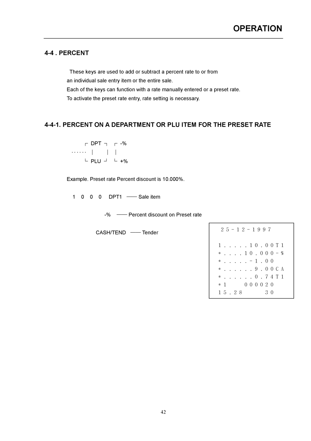 Samsung ER-290, SAMSUNG ELECTRONIC CASH REGISTER manual Percent on a Department or PLU Item for the Preset Rate 