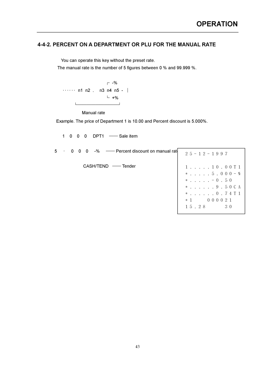 Samsung SAMSUNG ELECTRONIC CASH REGISTER, ER-290 manual Percent on a Department or PLU for the Manual Rate 