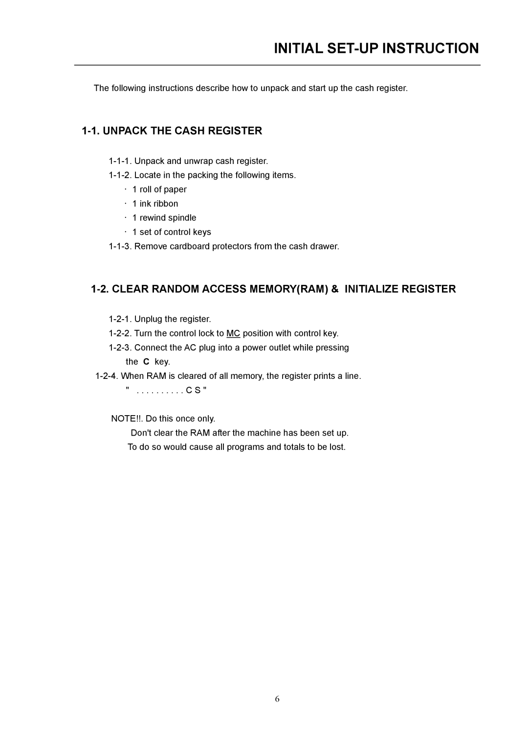 Samsung ER-290 Initial SET-UP Instruction, Unpack the Cash Register, Clear Random Access Memoryram & Initialize Register 