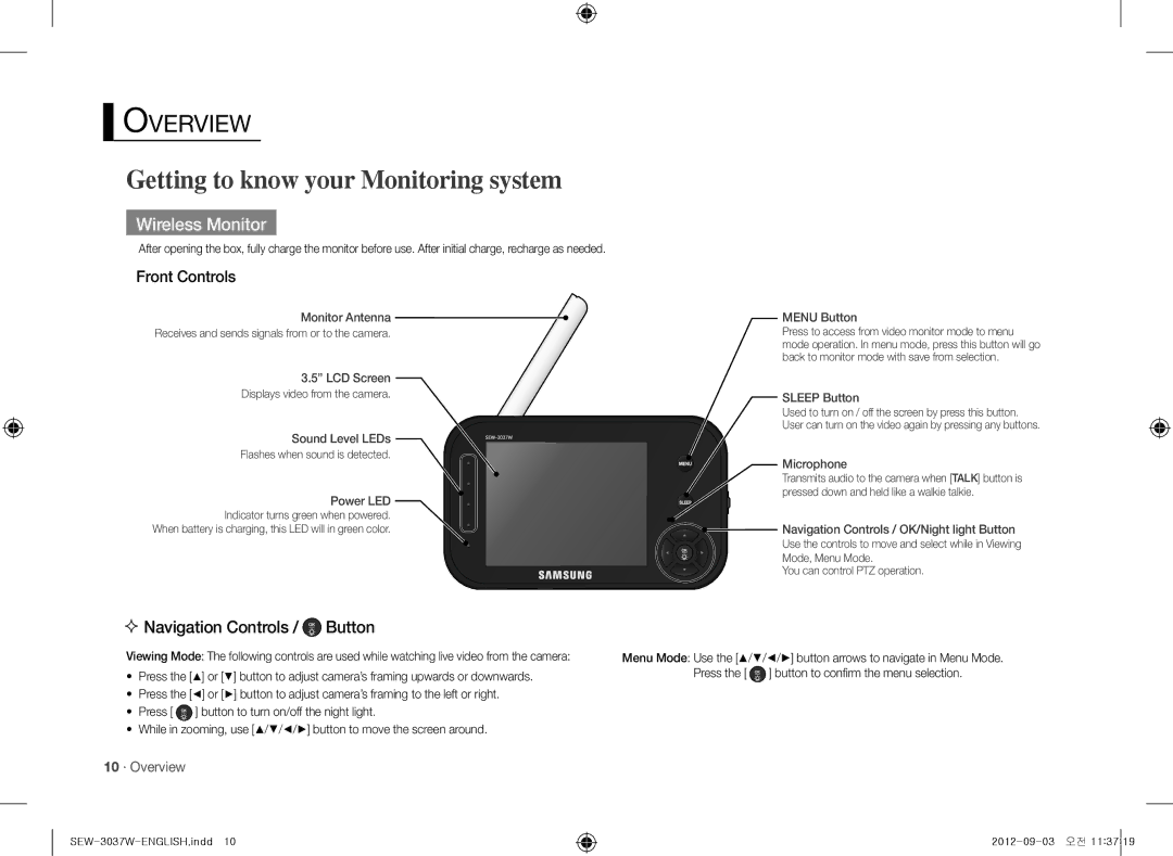 Samsung samsung techwin, sew-3037w Getting to know your Monitoring system, Wireless Monitor, Front Controls, 10 · Overview 