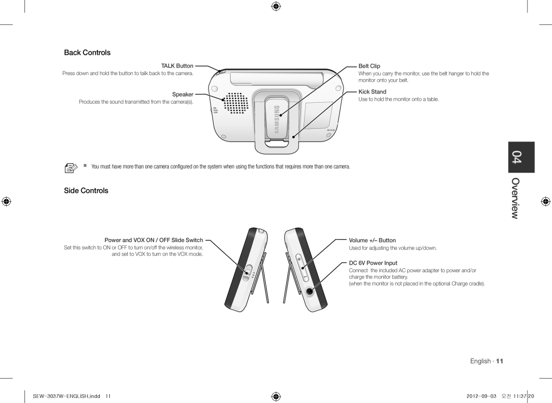 Samsung sew-3037w, samsung techwin warranty Overview, Back Controls, Side Controls, Power and VOX on / OFF Slide Switch 