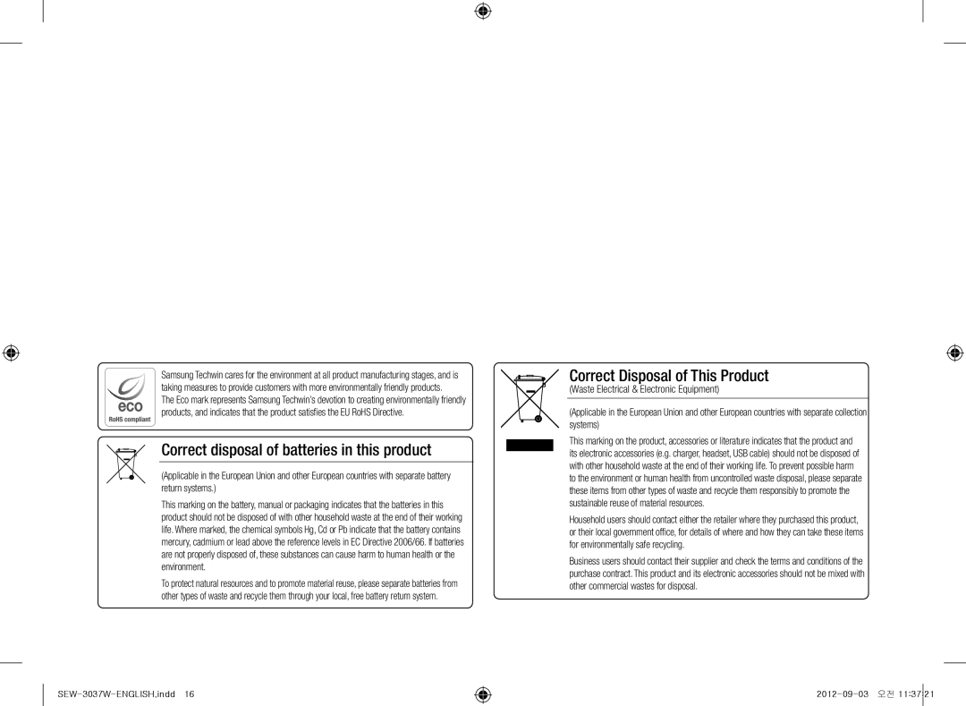 Samsung samsung techwin, sew-3037w warranty Correct disposal of batteries in this product 