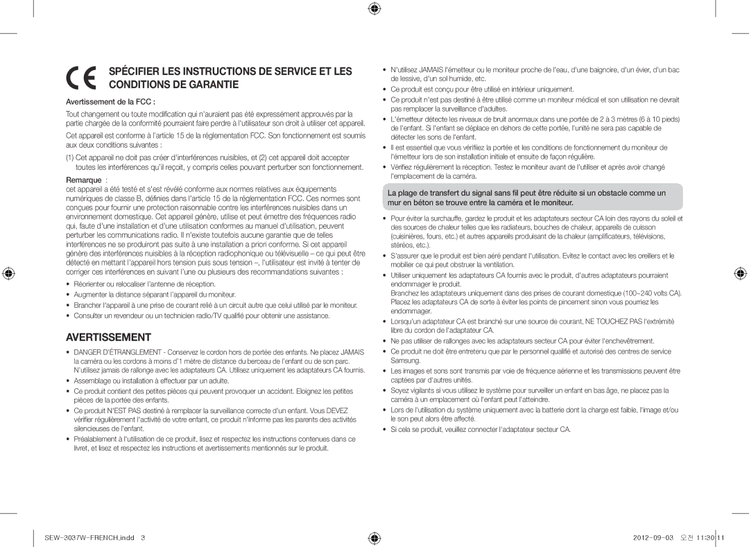 Samsung sew-3037w, samsung techwin warranty Avertissement de la FCC, Remarque 