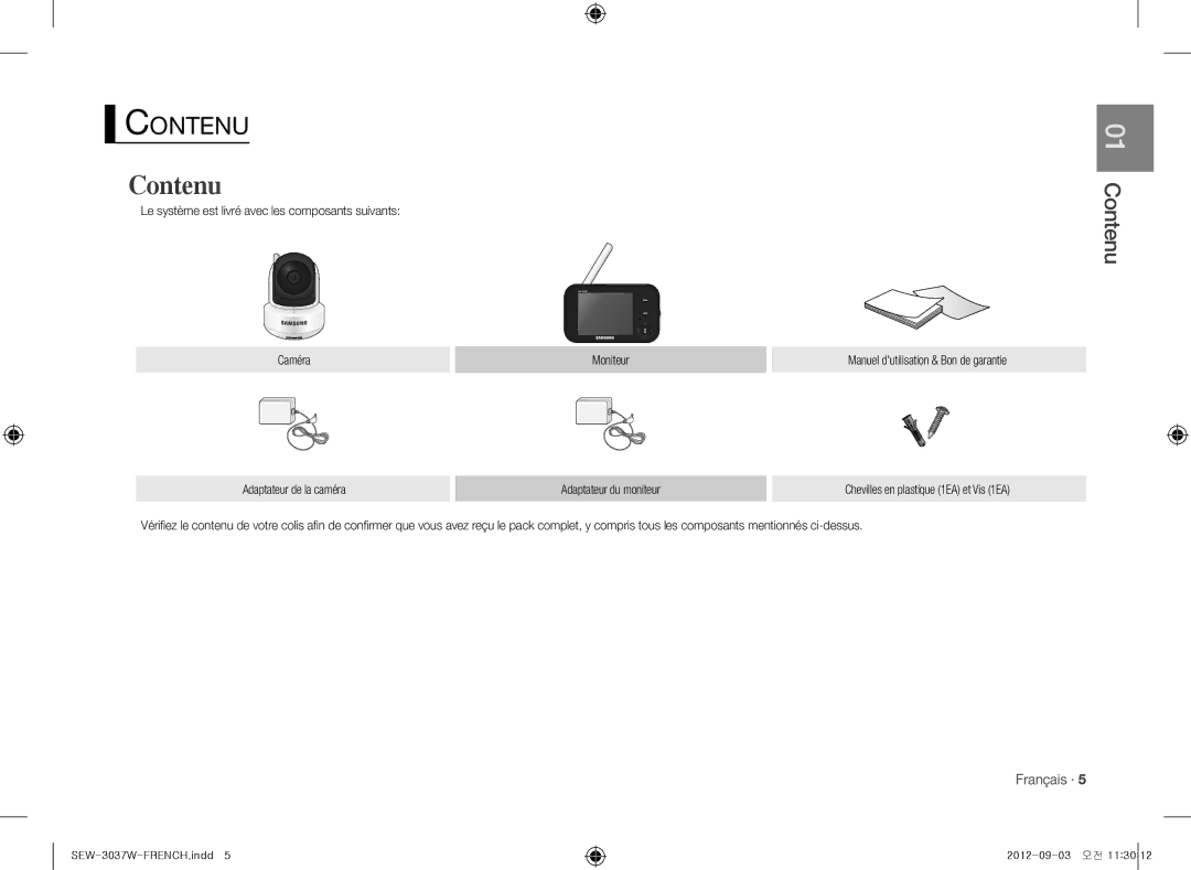 Samsung sew-3037w, samsung techwin warranty Contenu, Français ·, Adaptateur de la caméra Adaptateur du moniteur 