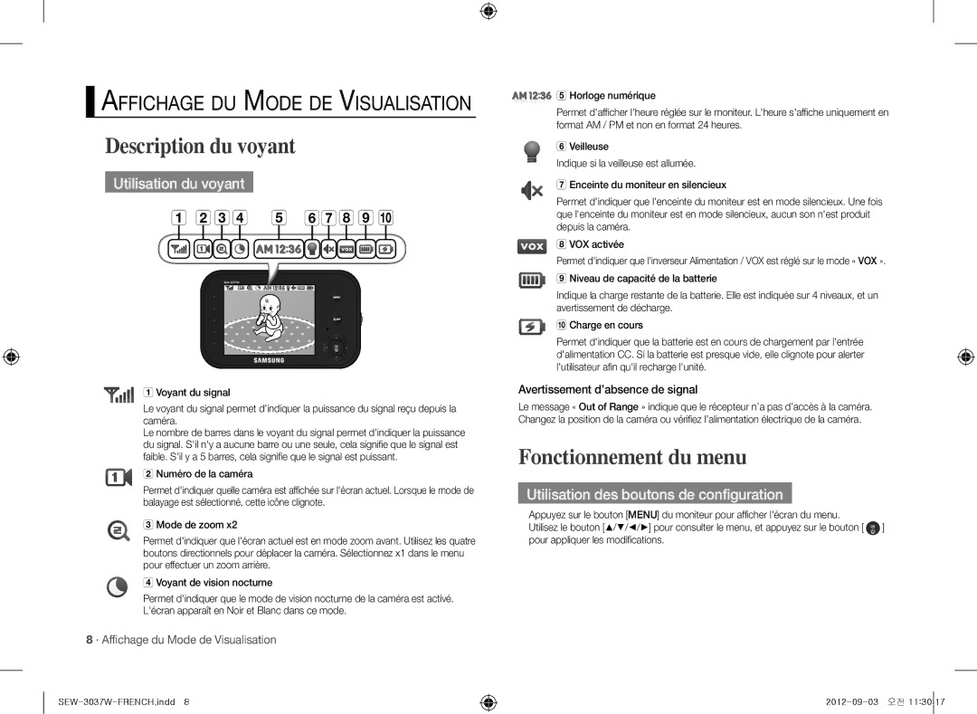 Samsung samsung techwin, sew-3037w warranty Description du voyant, Fonctionnement du menu, Utilisation du voyant 