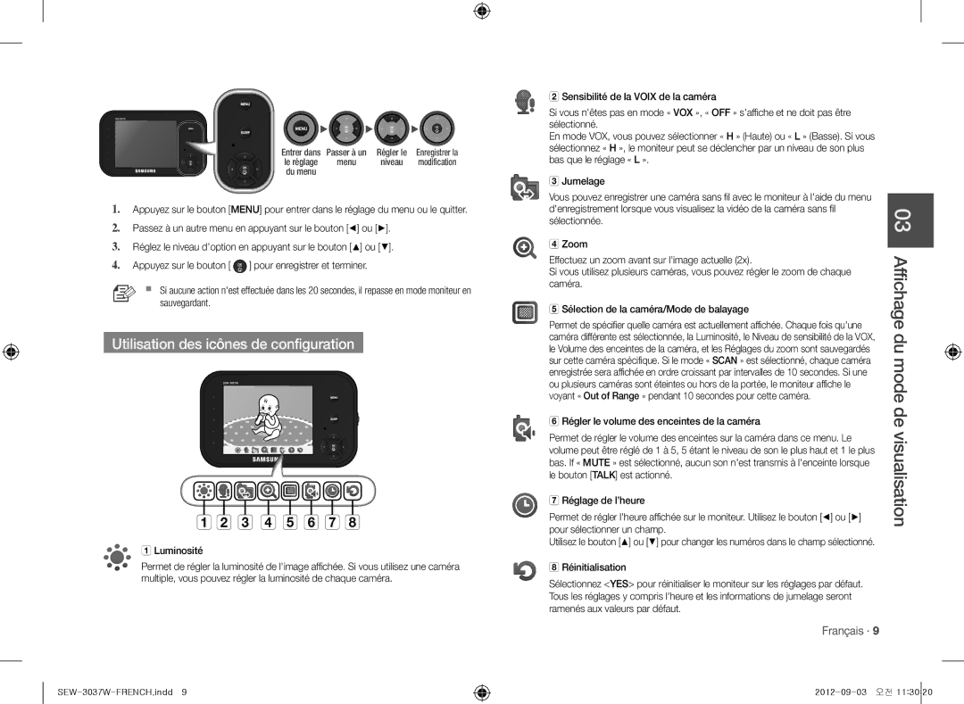 Samsung sew-3037w, samsung techwin warranty Utilisation des icônes de configuration, Luminosité, Sélectionnée 