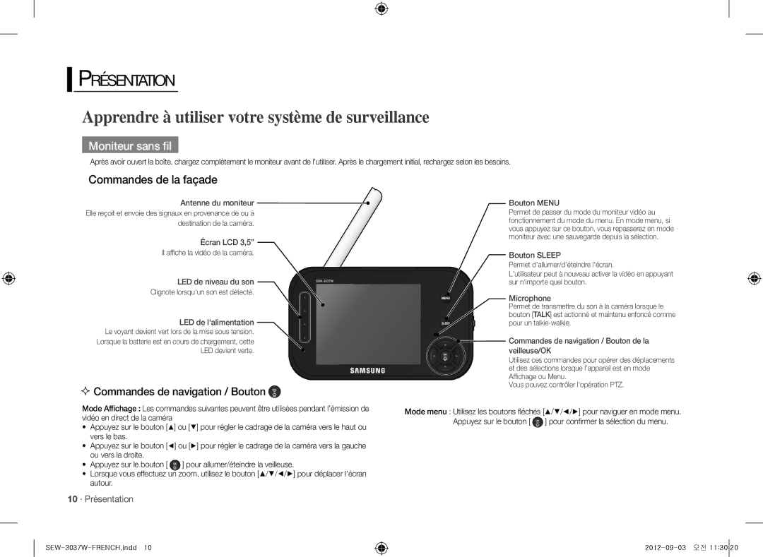 Samsung samsung techwin warranty Apprendre à utiliser votre système de surveillance, Moniteur sans fil, 10 · Présentation 