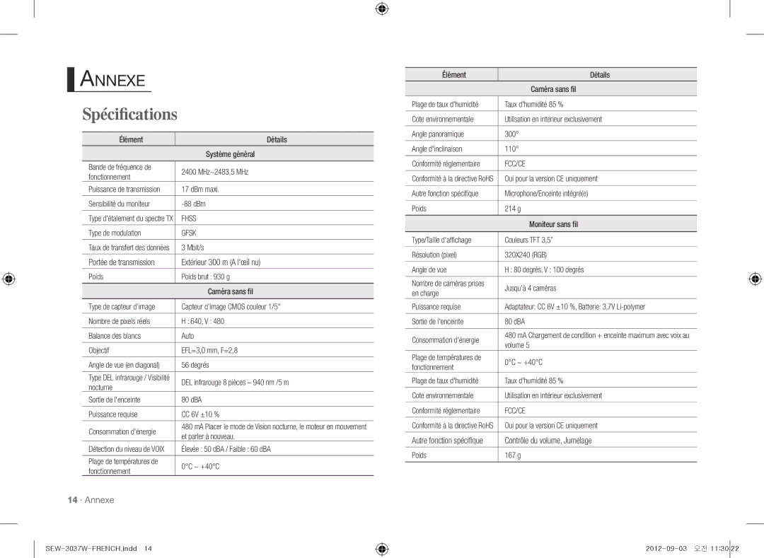 Samsung samsung techwin, sew-3037w warranty Spécifications, 14 · Annexe 