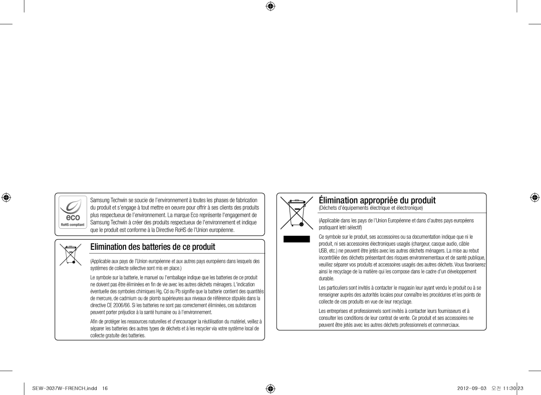 Samsung samsung techwin, sew-3037w warranty Elimination des batteries de ce produit 