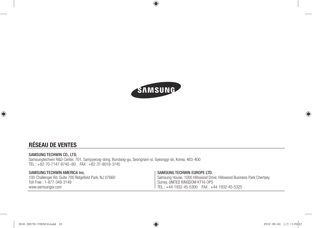 Samsung samsung techwin, sew-3037w warranty Réseau DE Ventes 