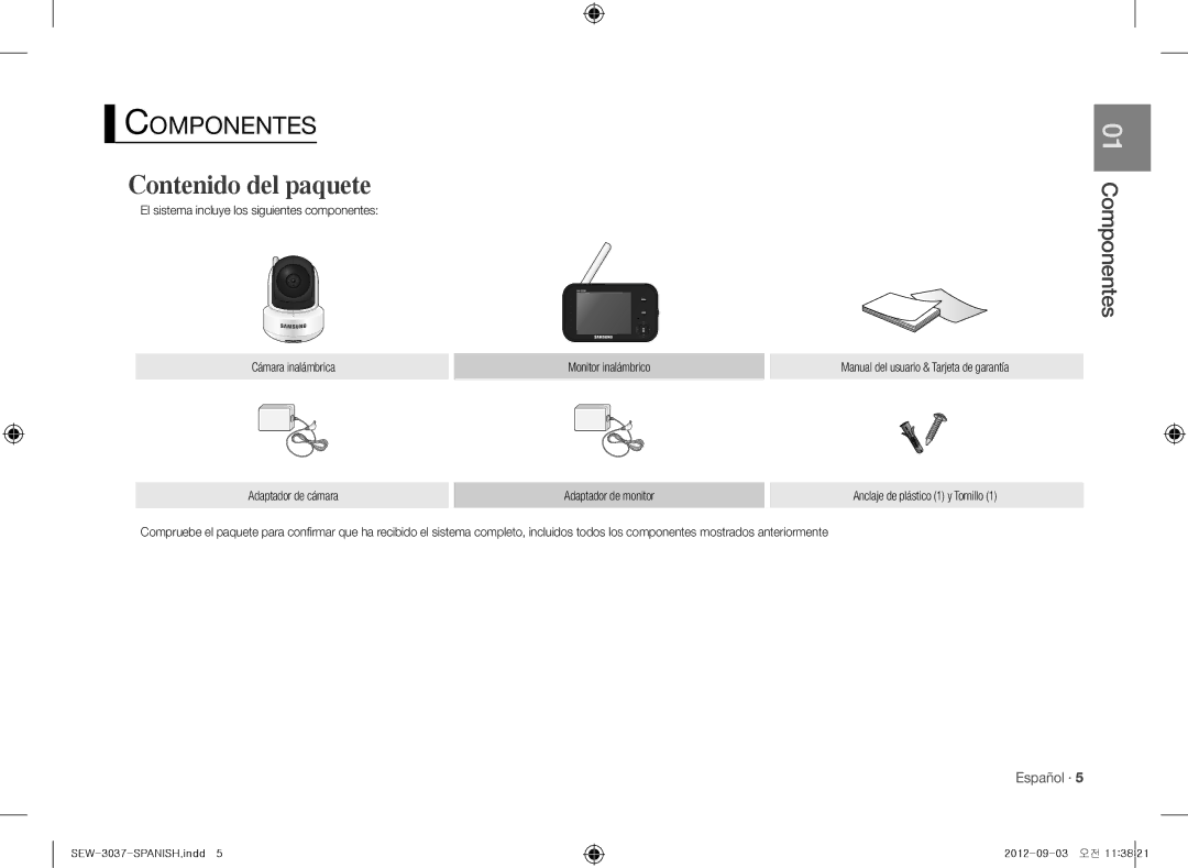 Samsung sew-3037w, samsung techwin Contenido del paquete, Componentes, Español ·, Adaptador de cámara Adaptador de monitor 