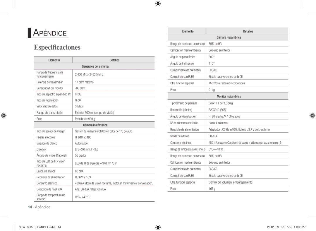 Samsung samsung techwin, sew-3037w warranty Especificaciones, 14 · Apéndice 
