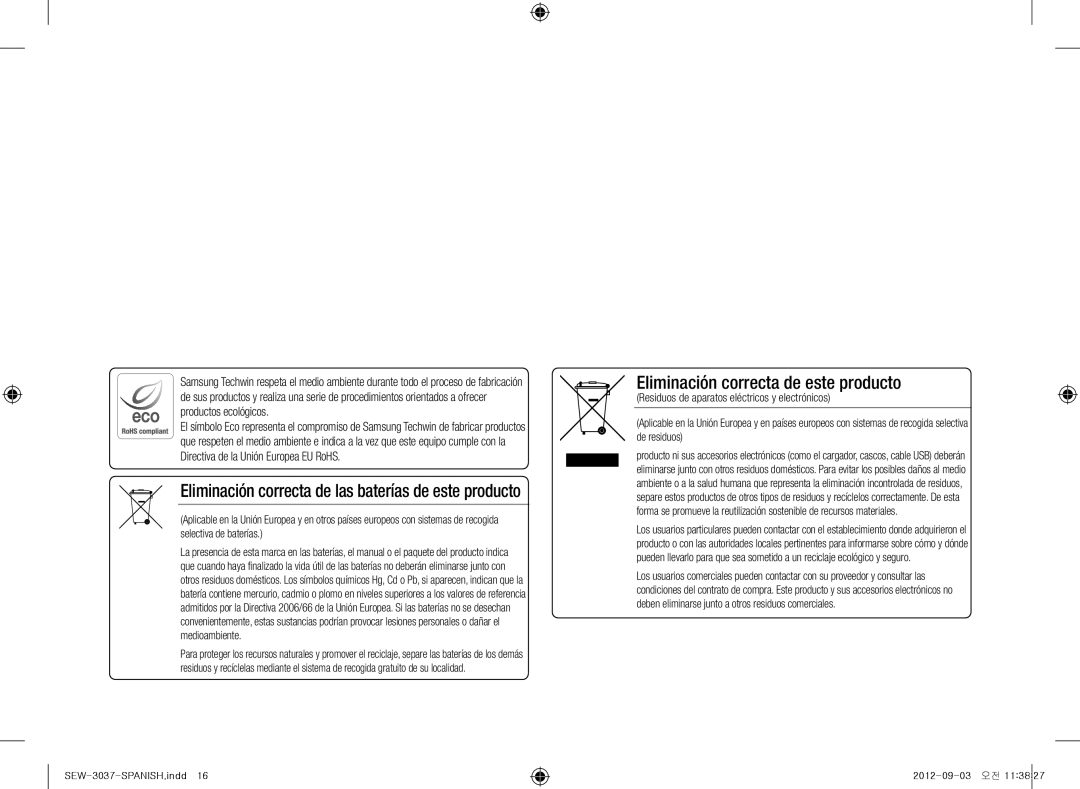 Samsung samsung techwin, sew-3037w warranty Eliminación correcta de las baterías de este producto 