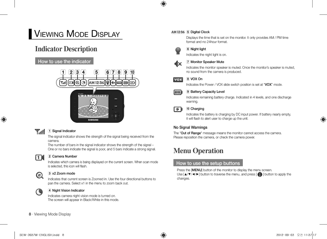 Samsung samsung techwin Indicator Description, Menu Operation, How to use the indicator, How to use the setup buttons 