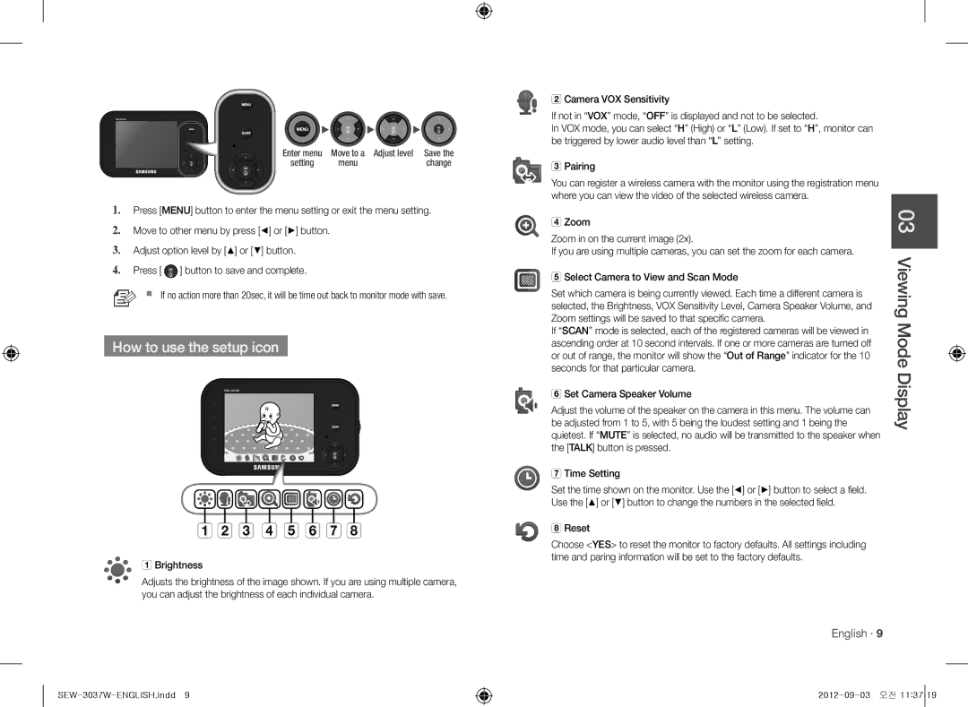 Samsung sew-3037w, samsung techwin warranty Mode, How to use the setup icon, Menu 