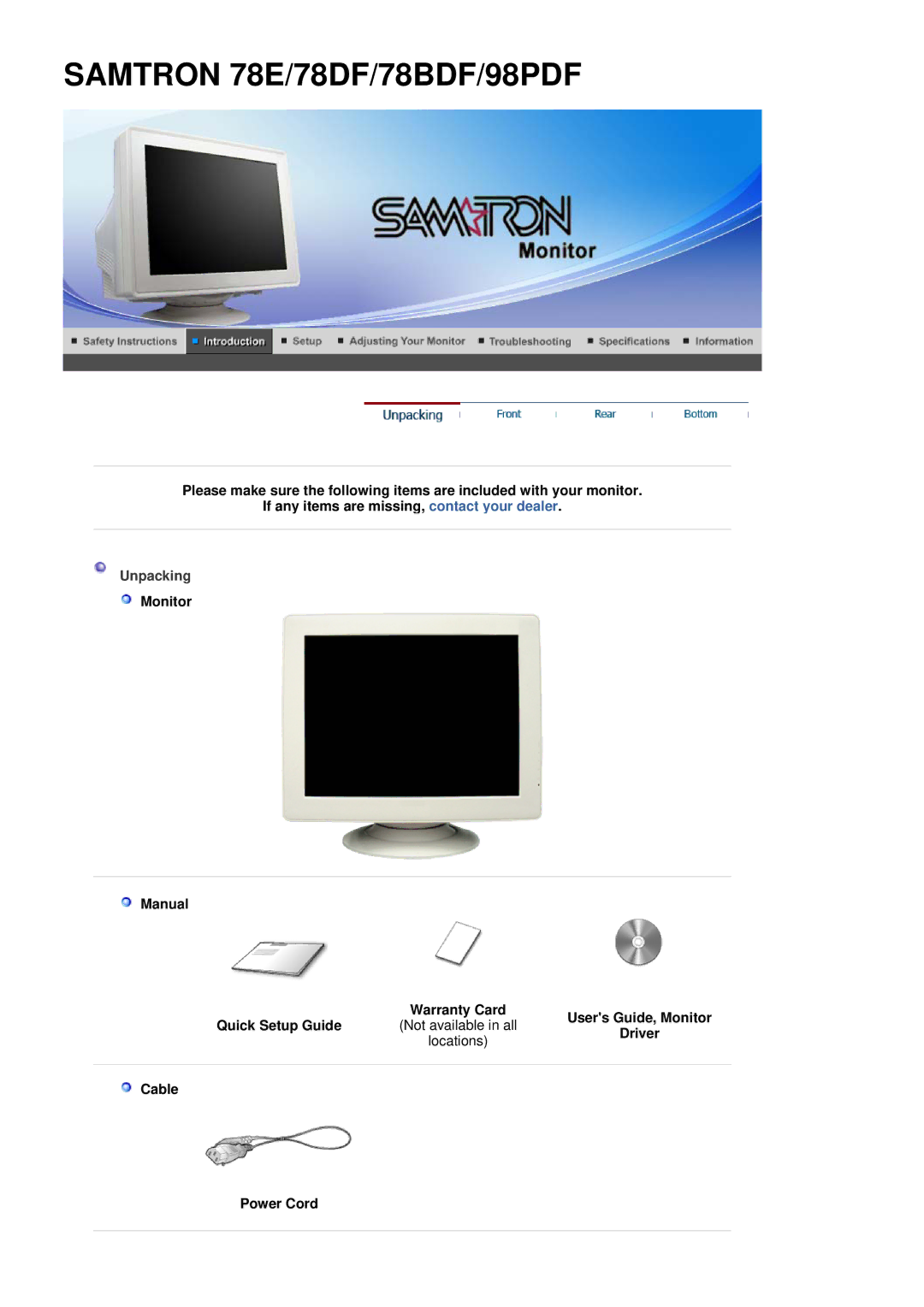 Samsung SAMTRON 59E, SAMTRON 78BDF, SAMTRON 78E, SAMTRON 591S, SAMTRON 58V, SAMTRON 98DF manual Unpacking 