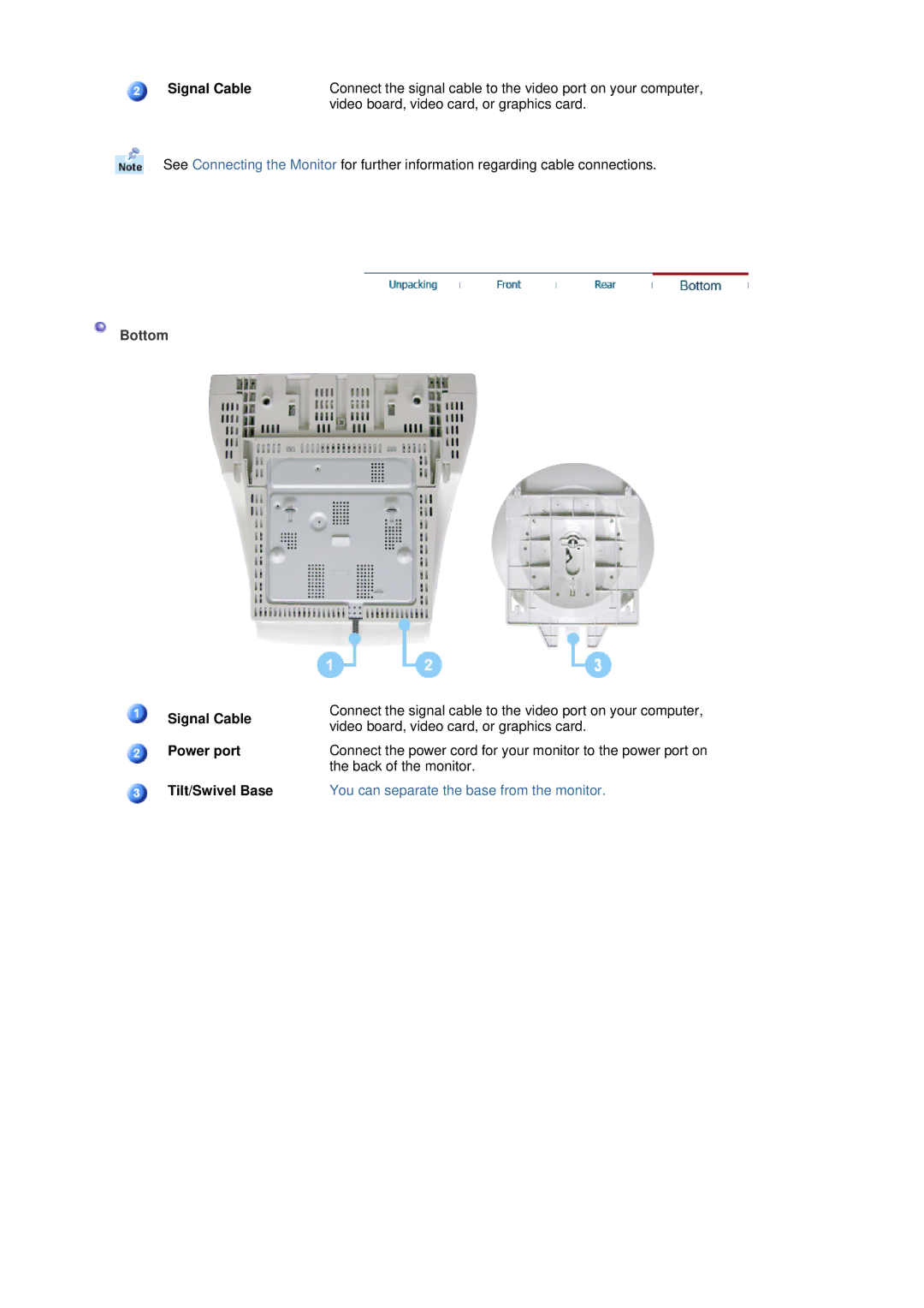 Samsung SAMTRON 591S, SAMTRON 78BDF, SAMTRON 78E, SAMTRON 58V, SAMTRON 98DF, SAMTRON 59E manual Signal Cable, Bottom 