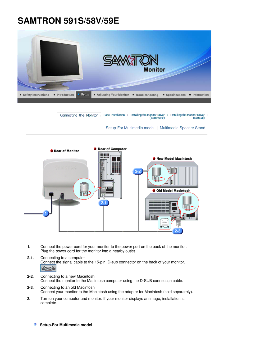 Samsung SAMTRON 58V, SAMTRON 78BDF, SAMTRON 78E, SAMTRON 591S manual Setup-For Multimedia model Multimedia Speaker Stand 