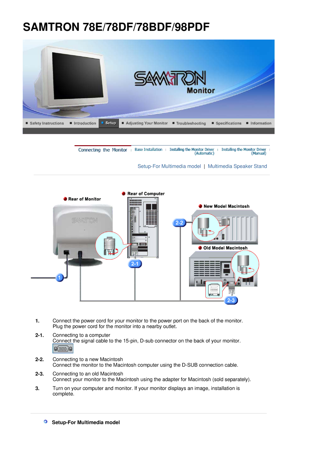 Samsung SAMTRON 78BDF, SAMTRON 78E, SAMTRON 591S, SAMTRON 58V, SAMTRON 98DF, SAMTRON 59E manual Setup-For Multimedia model 