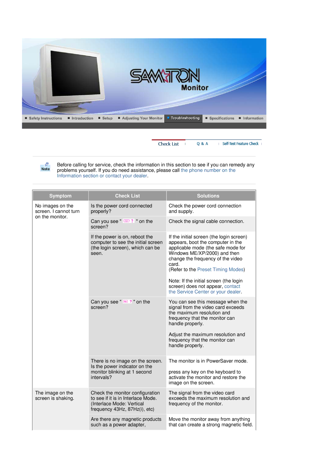 Samsung SAMTRON 78BDF, SAMTRON 78E, SAMTRON 591S, SAMTRON 58V, SAMTRON 98DF, SAMTRON 59E manual Symptom 