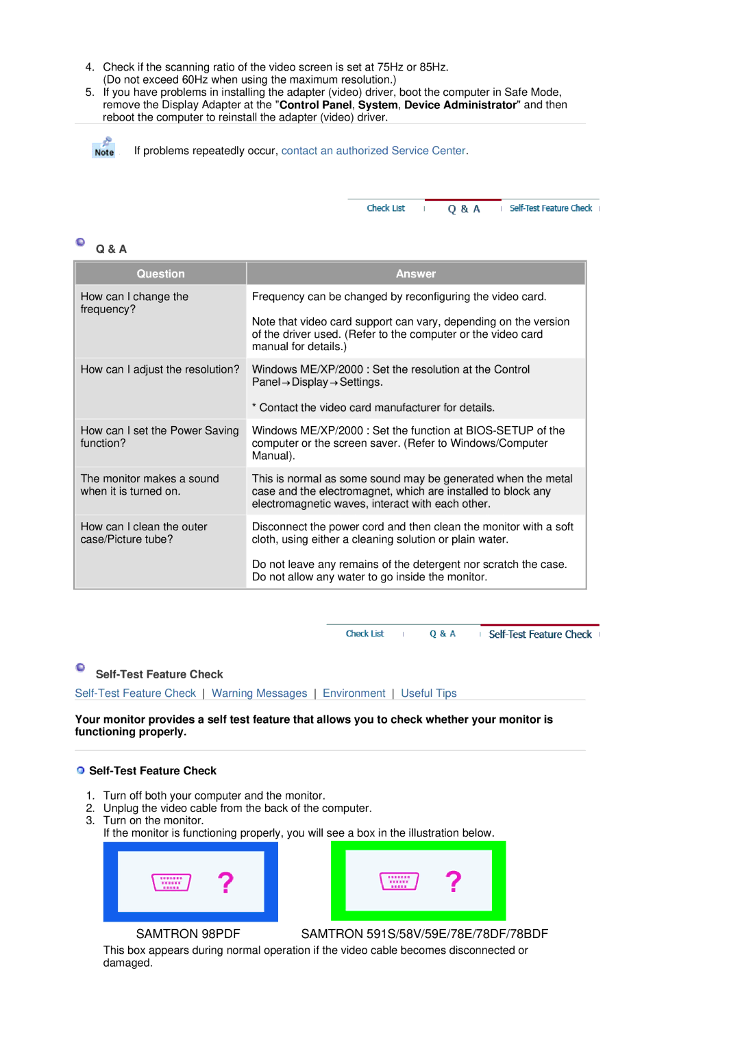 Samsung SAMTRON 591S, SAMTRON 78BDF, SAMTRON 78E, SAMTRON 58V, SAMTRON 98DF, SAMTRON 59E manual Answer, Self-Test Feature Check 