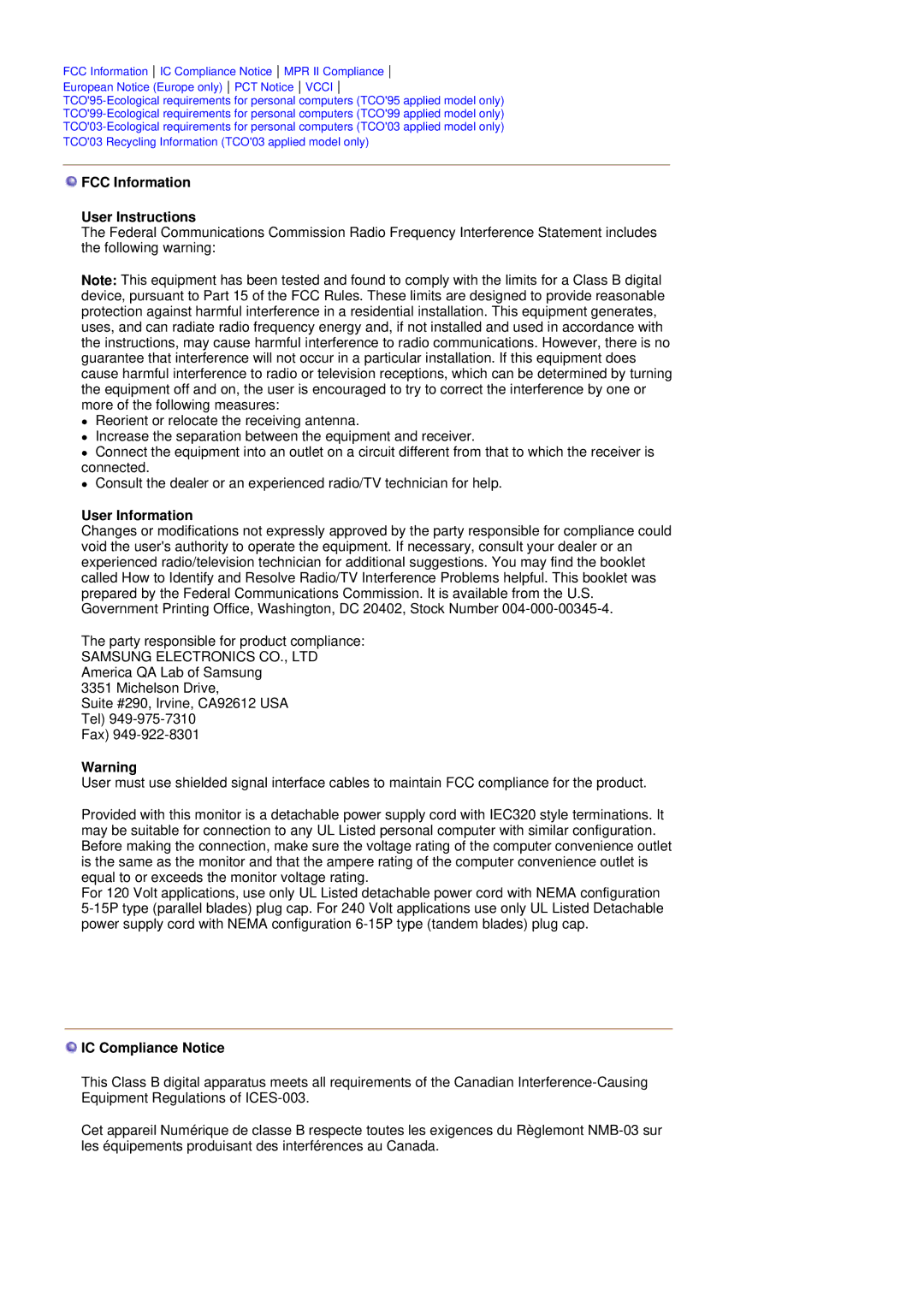 Samsung SAMTRON 98DF, SAMTRON 78BDF, SAMTRON 78E FCC Information User Instructions, User Information, IC Compliance Notice 