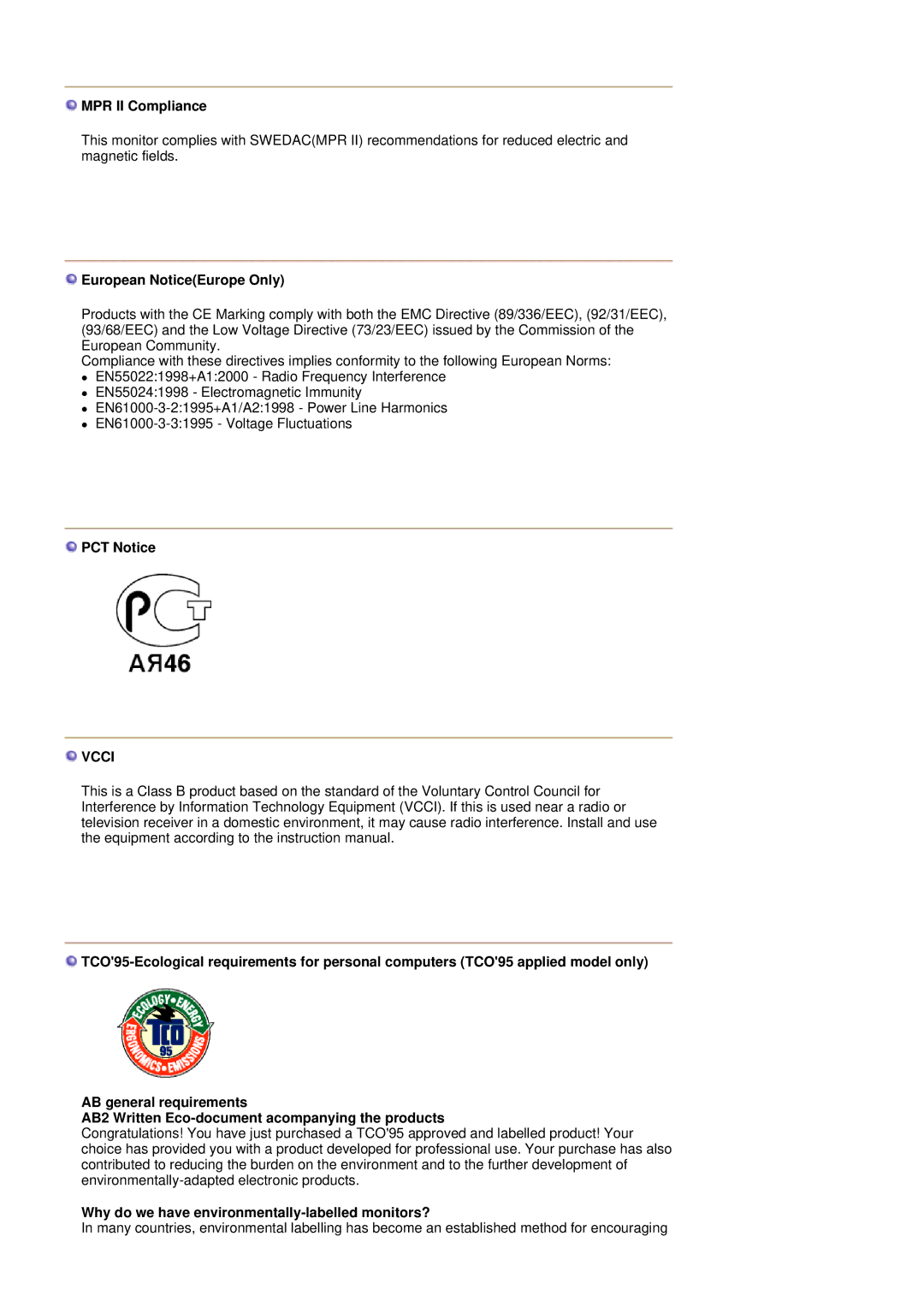 Samsung SAMTRON 59E, SAMTRON 78BDF, SAMTRON 78E, SAMTRON 591S manual MPR II Compliance, European NoticeEurope Only, PCT Notice 