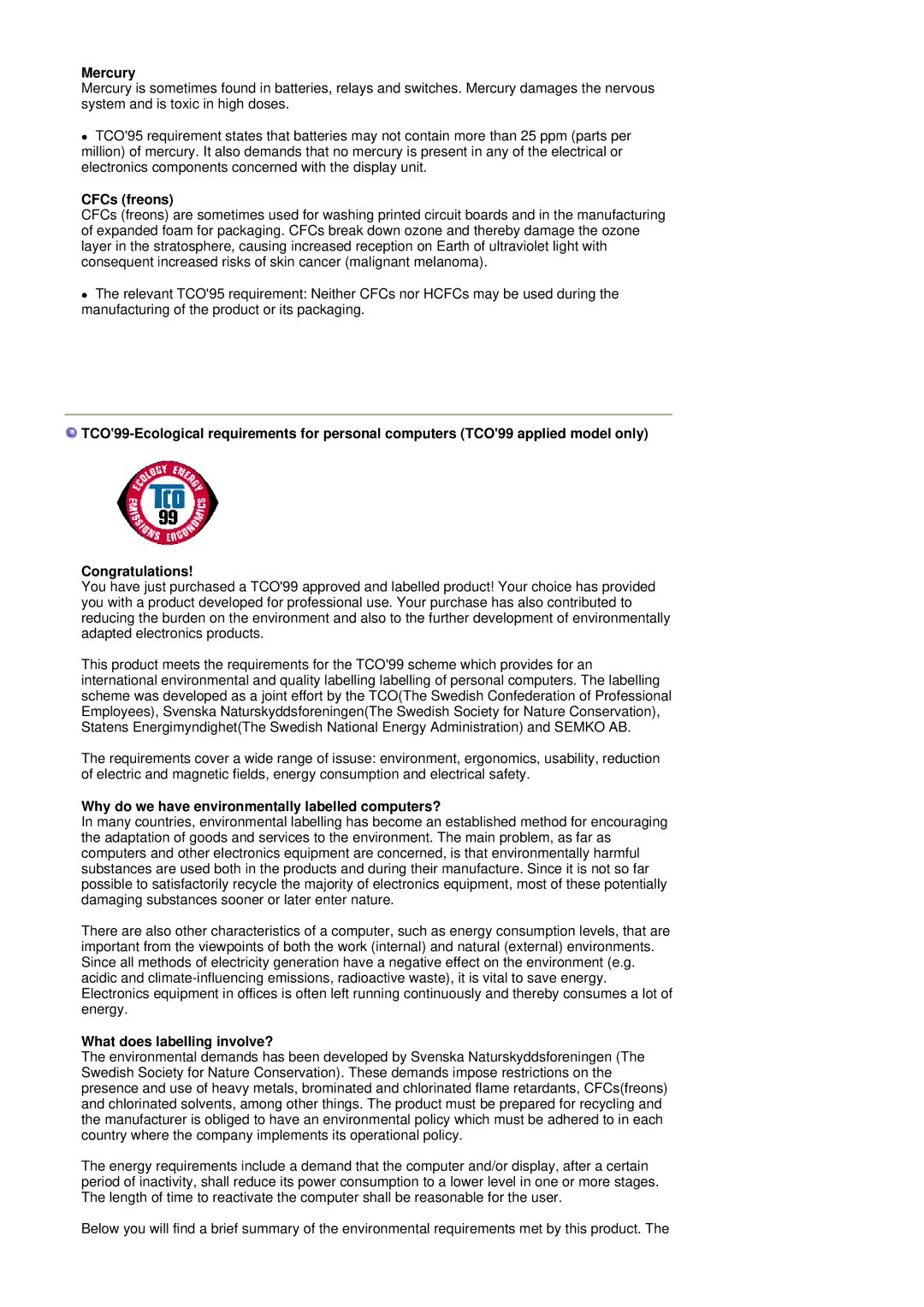 Samsung SAMTRON 78E, SAMTRON 78BDF, SAMTRON 591S Mercury, CFCs freons, Why do we have environmentally labelled computers? 