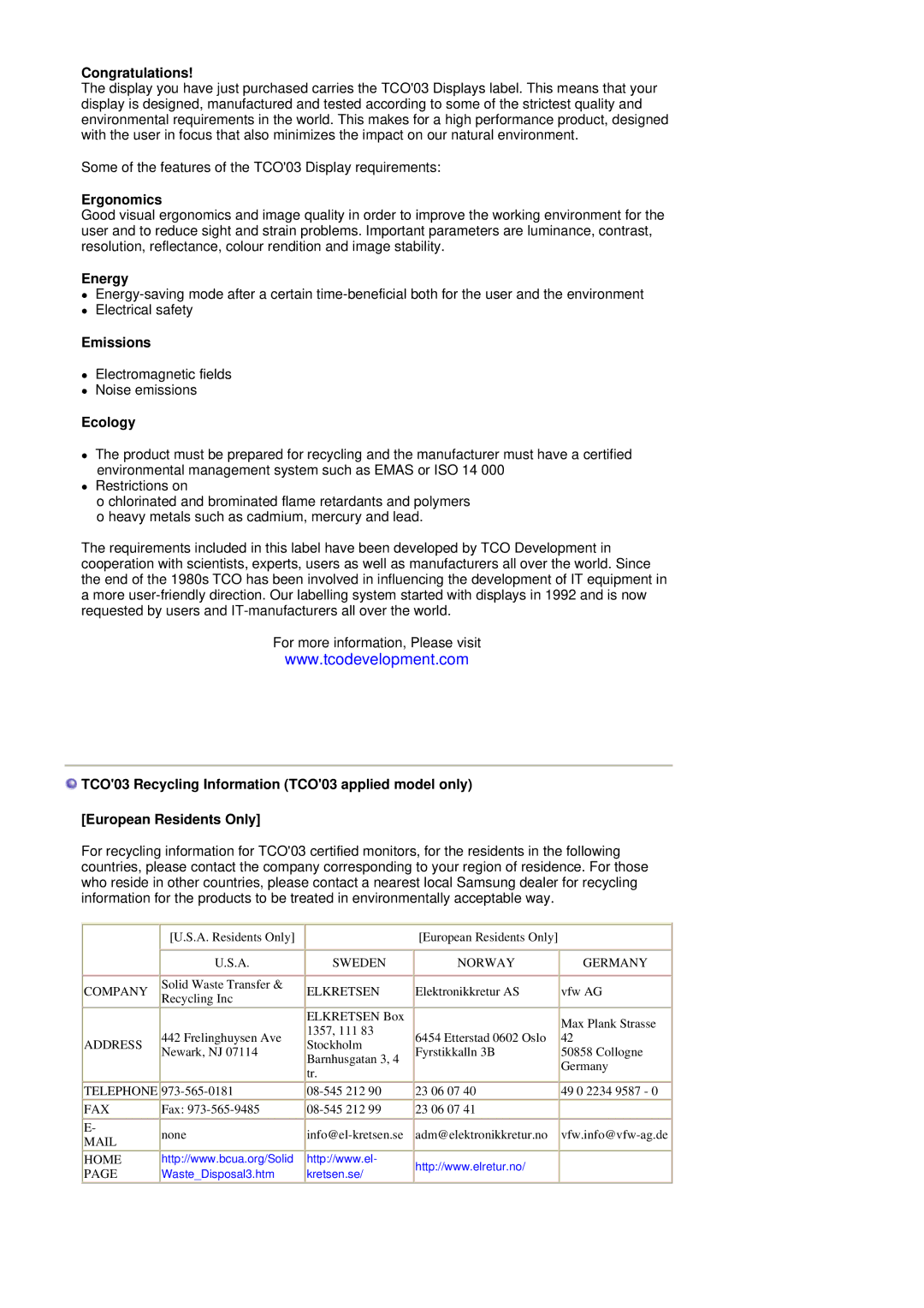 Samsung SAMTRON 58V, SAMTRON 78BDF, SAMTRON 78E, SAMTRON 591S, SAMTRON 98DF manual Ergonomics, Energy, Emissions, Ecology 