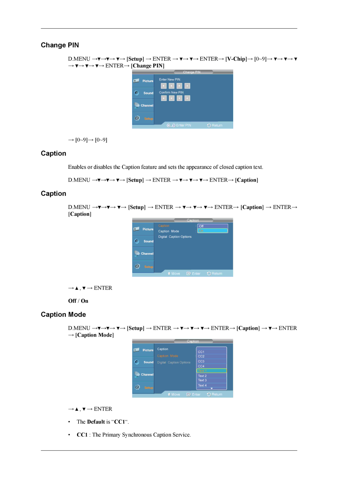 Samsung SBB-DT user manual Change PIN, Caption Mode 