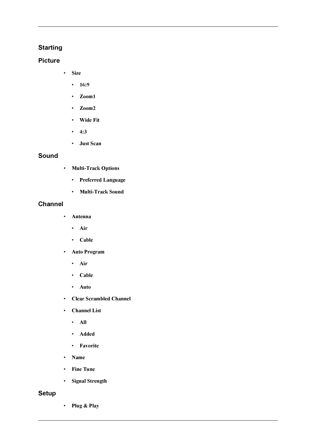 Samsung SBB-DT user manual Starting Picture, Sound, Channel, Setup 