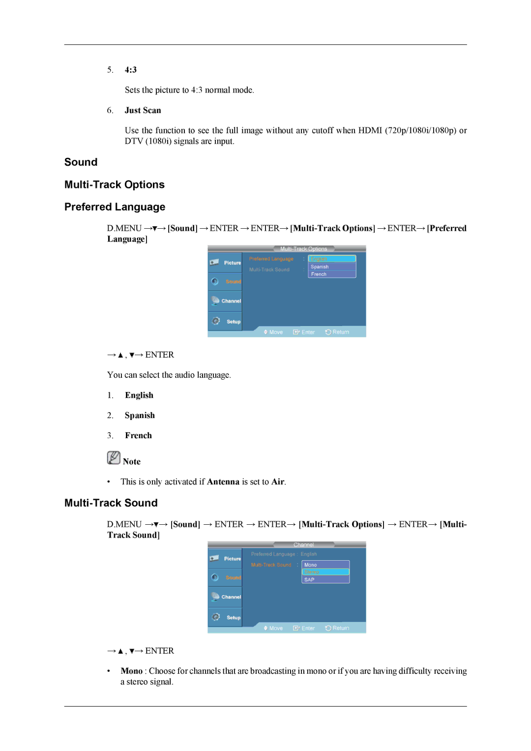 Samsung SBB-DT user manual Sound Multi-Track Options Preferred Language, Multi-Track Sound 