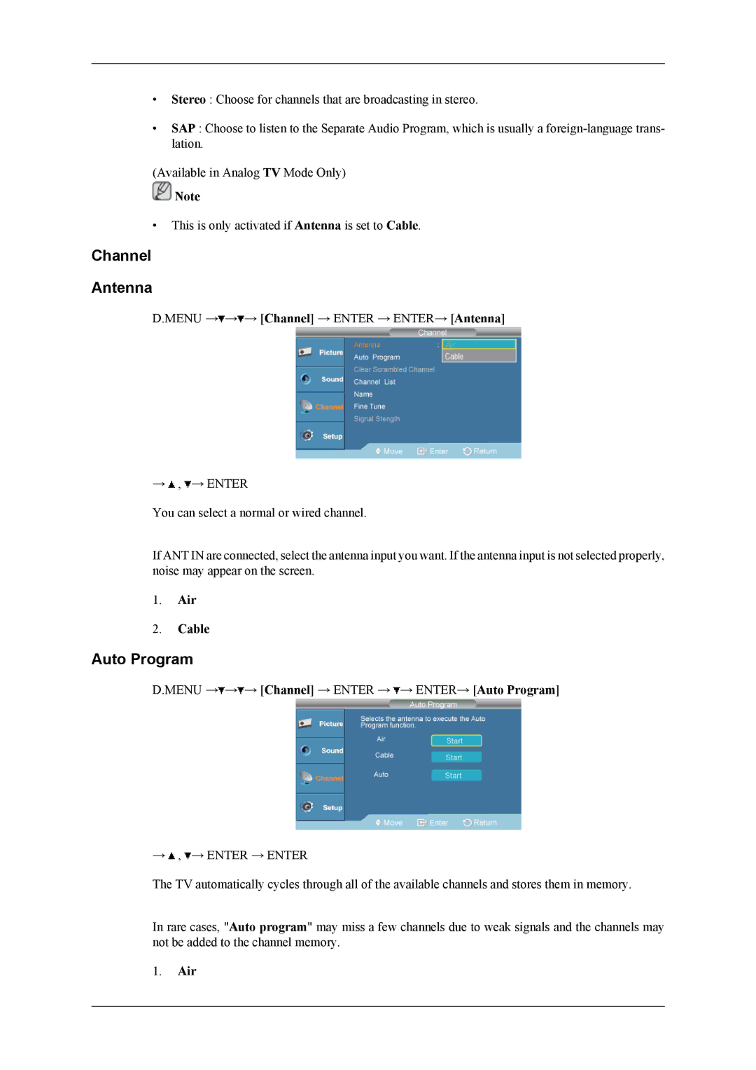 Samsung SBB-DT user manual Channel Antenna, Auto Program 