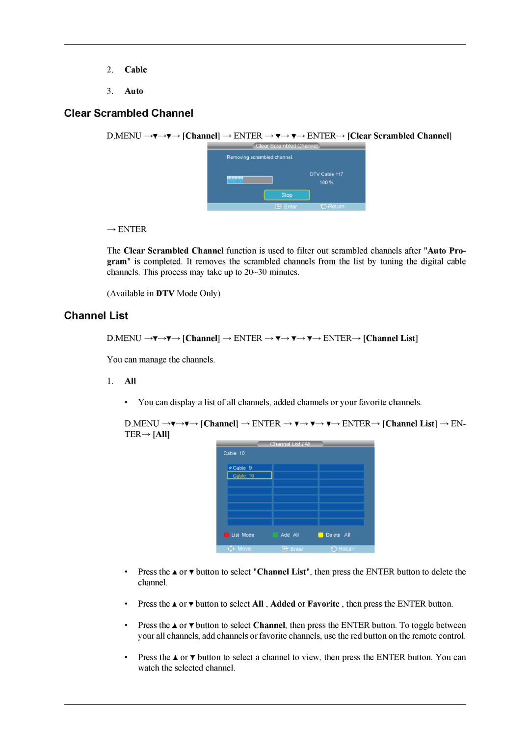 Samsung SBB-DT user manual Clear Scrambled Channel, Channel List 