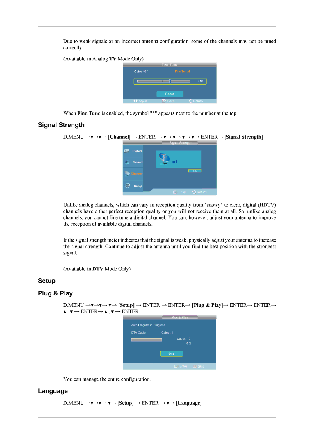 Samsung SBB-DT user manual Signal Strength, Setup Plug & Play, Language 