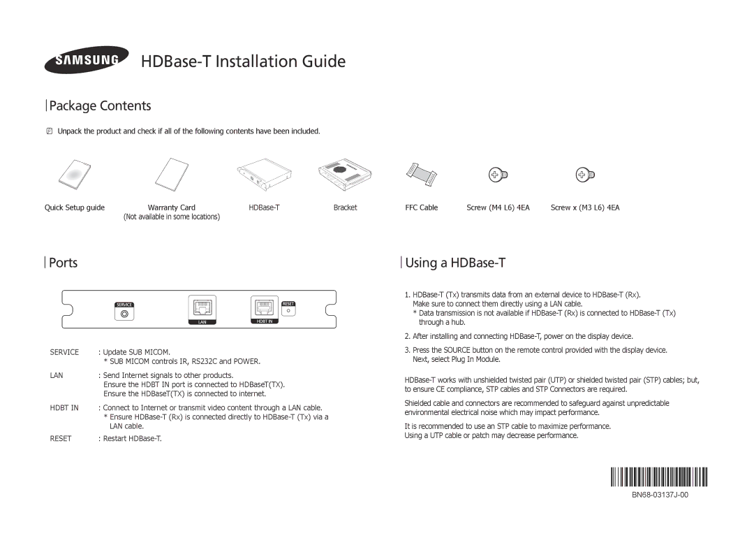 Samsung SBB-HRCA/EN manual Package Contents, Ports, Using a HDBase-T 