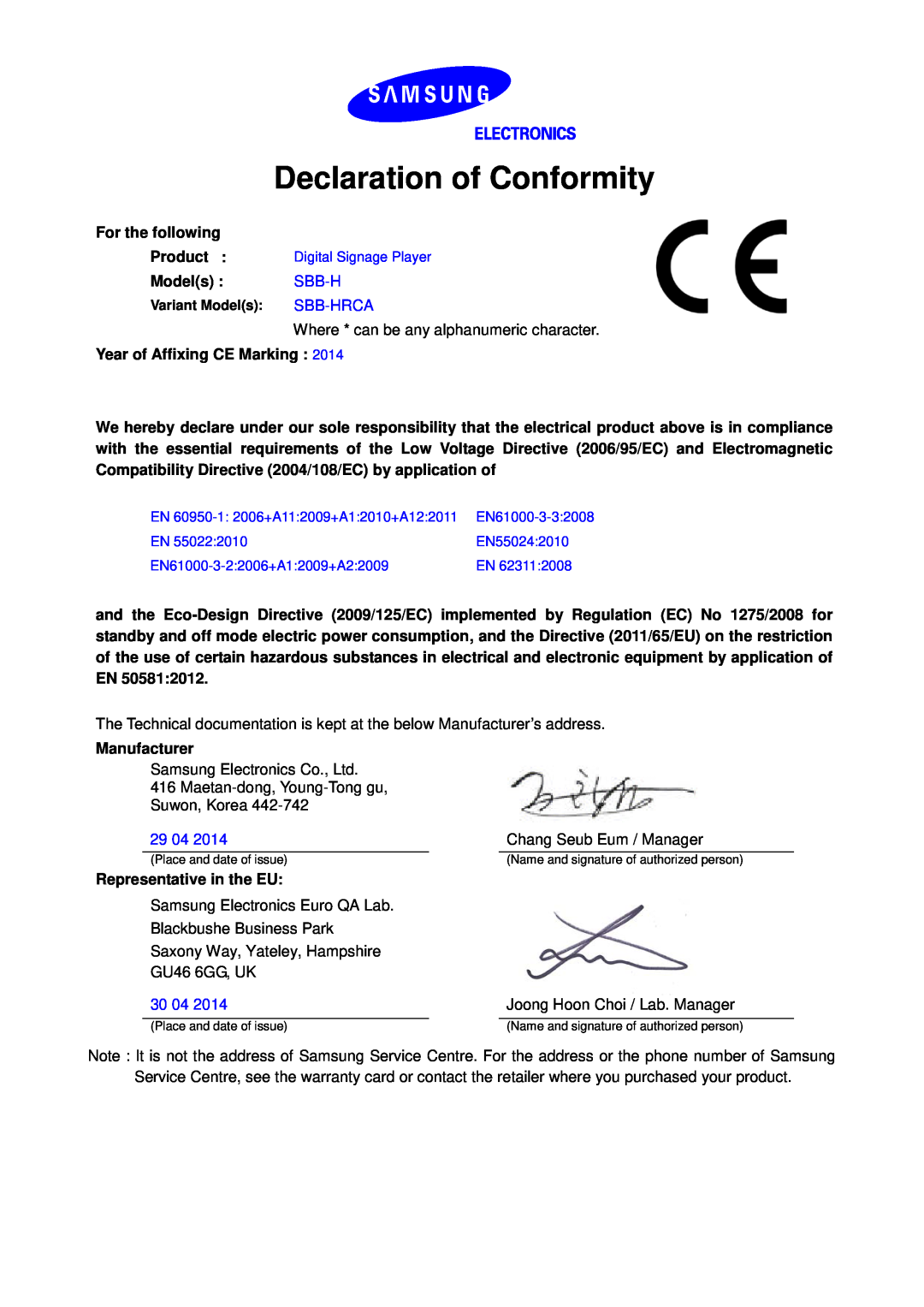 Samsung SBB-HRCA/EN manual Declaration of Conformity, Sbb-Hrca, 29 04, 30 04 