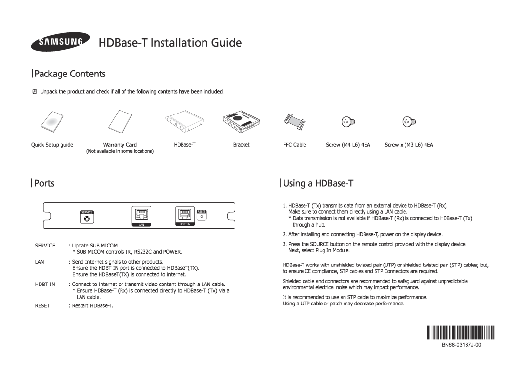 Samsung SBB-HRCA/EN manual Package Contents, Ports, Using a HDBase-T, HDBase-T Installation Guide 