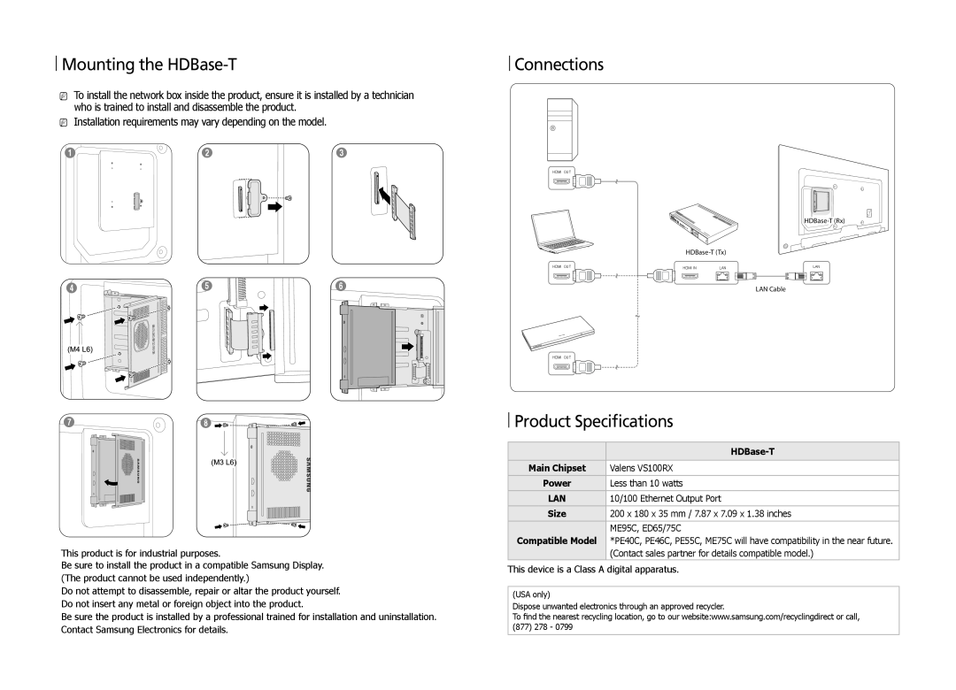 Samsung SBB-HRCA/EN manual Mounting the HDBase-T, Connections, Product Specifications 