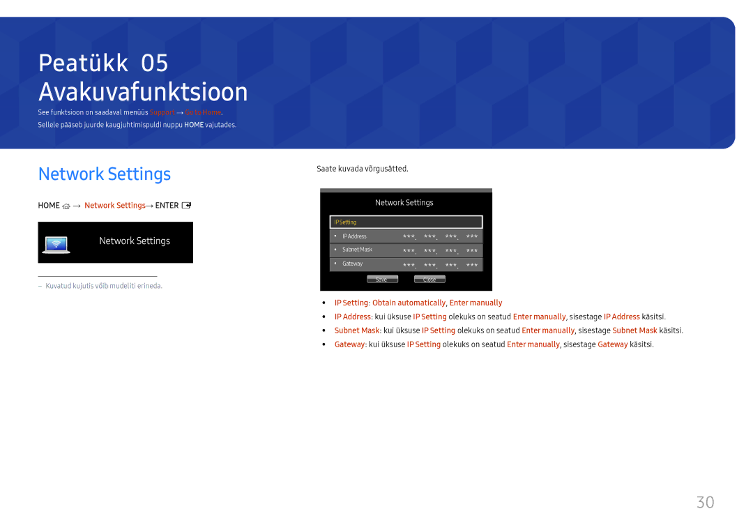 Samsung SBB-MT12EA/EN manual Avakuvafunktsioon, Network Settings, Saate kuvada võrgusätted 