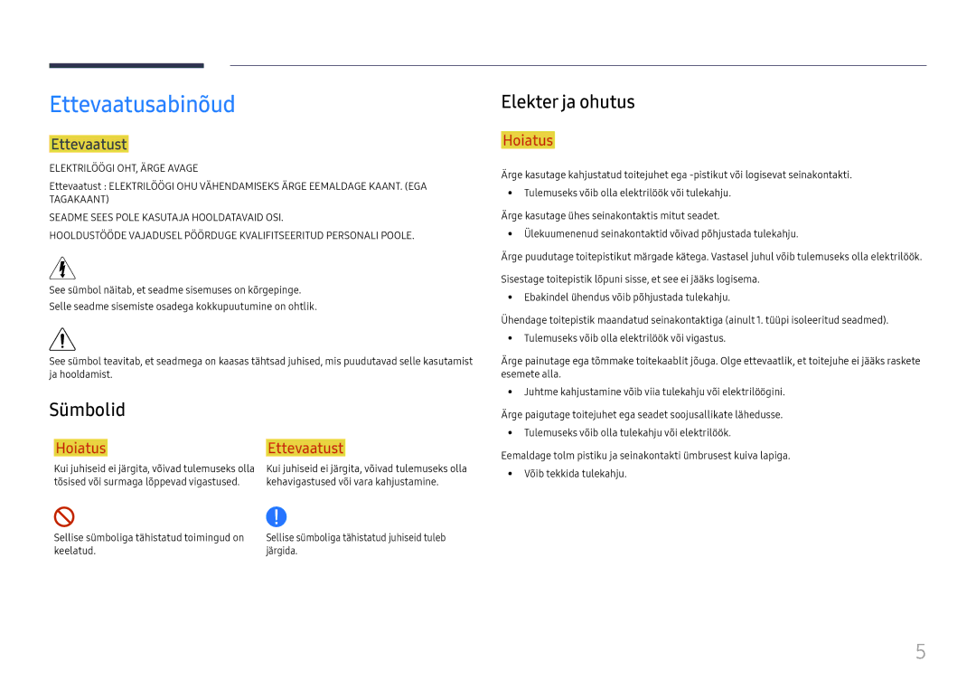 Samsung SBB-MT12EA/EN manual Ettevaatusabinõud, Sümbolid, Elekter ja ohutus, Ettevaatust 