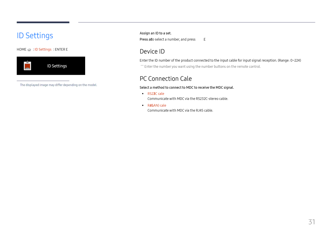 Samsung SBB-MT12EA/EN manual ID Settings, Device ID, PC Connection Cable 