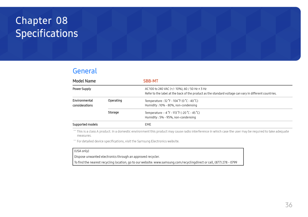 Samsung SBB-MT12EA/EN manual Specifications, General, Model Name 