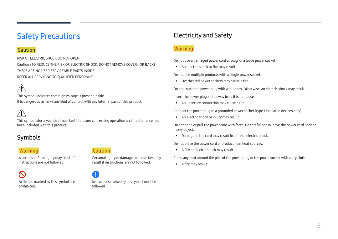 Samsung SBB-MT12EA/EN manual Safety Precautions, Symbols, Electricity and Safety 