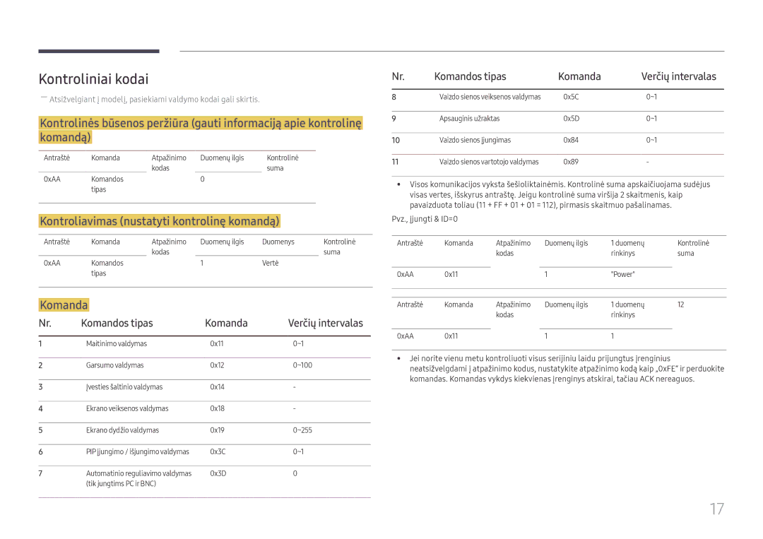 Samsung SBB-MT12EA/EN manual Kontroliniai kodai, Kontroliavimas nustatyti kontrolinę komandą, Komandos tipas Komanda 