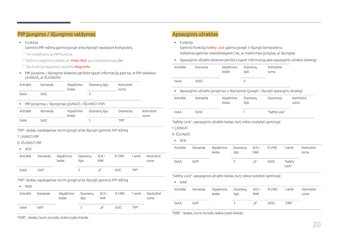 Samsung SBB-MT12EA/EN manual PIP įjungimo / išjungimo valdymas, Apsauginis užraktas, Funkcija 