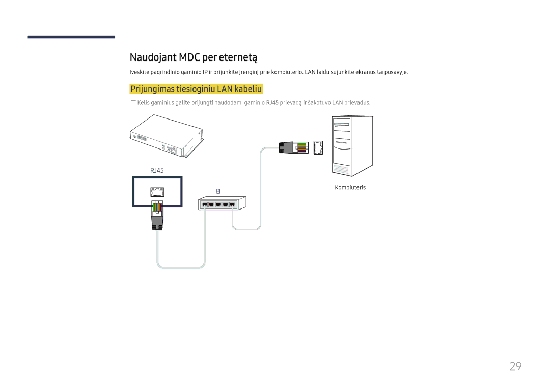 Samsung SBB-MT12EA/EN manual Naudojant MDC per eternetą, Prijungimas tiesioginiu LAN kabeliu 